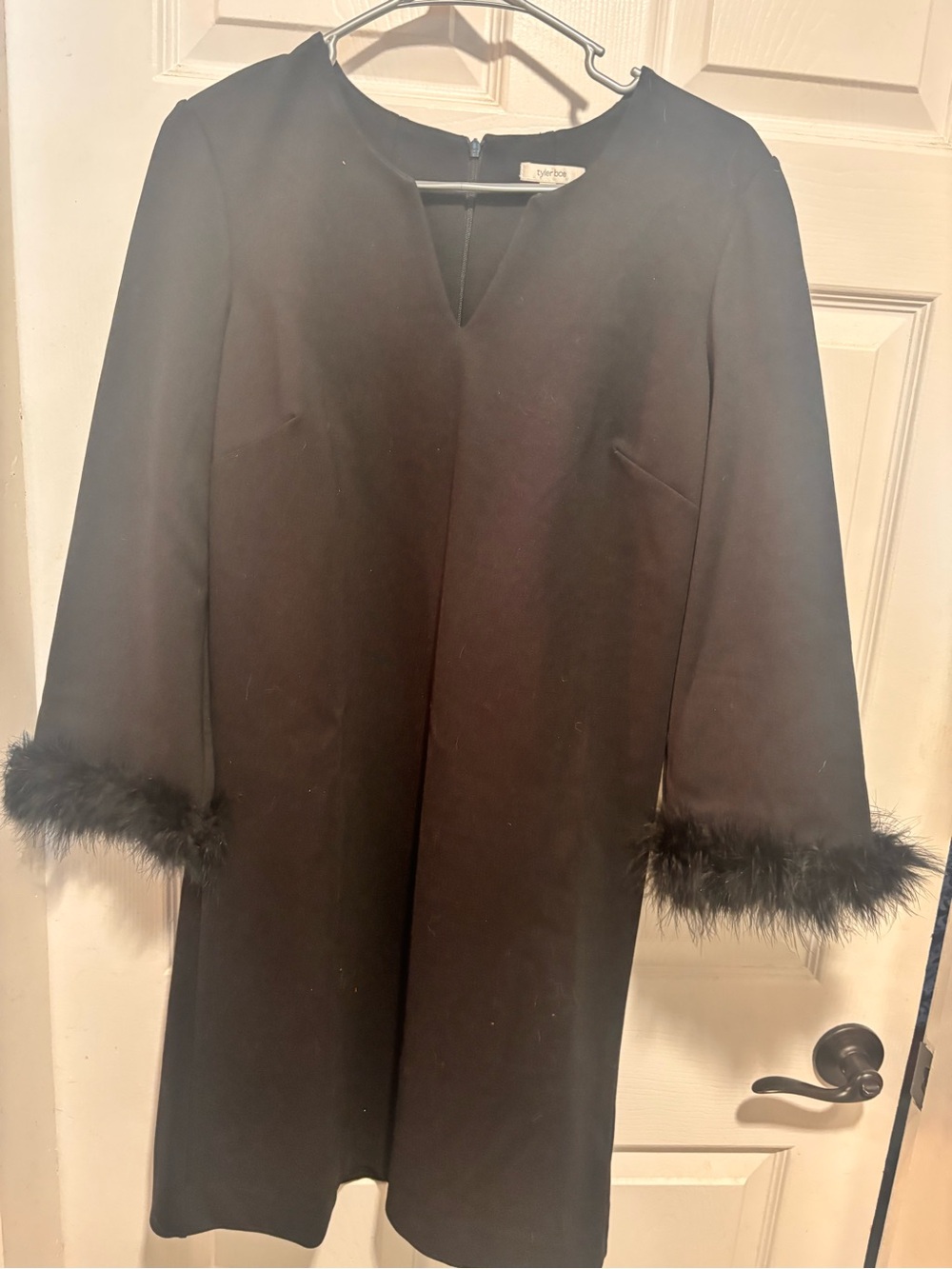 Tyler Boe Classic  Black Shift Dress with Feather Cuff Detail size 8